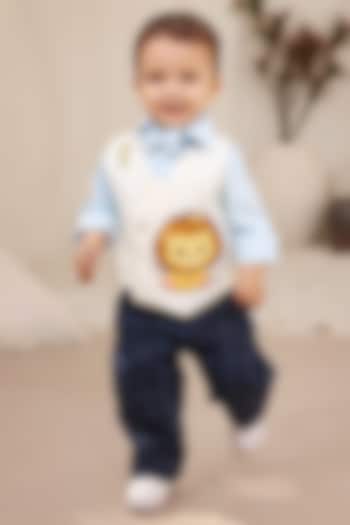 White Glace Cotton Embroidered Waistcoat Set For Boys by Fayon Kids at Pernia's Pop Up Shop