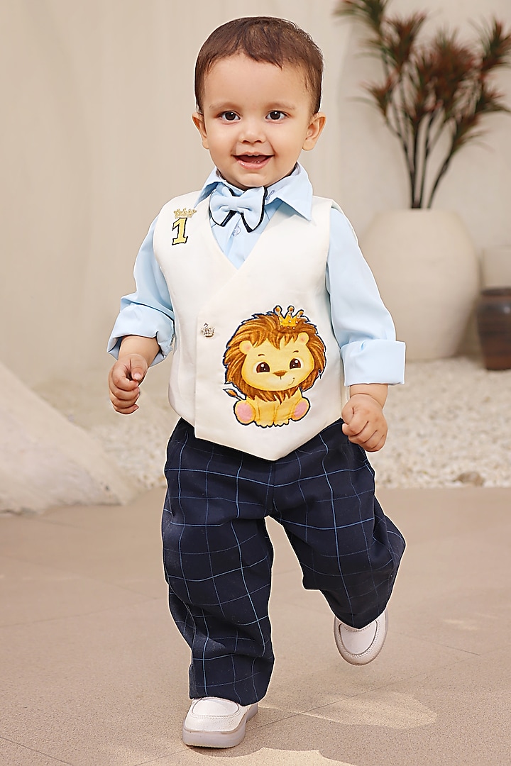 White Glace Cotton Embroidered Waistcoat Set For Boys by Fayon Kids at Pernia's Pop Up Shop