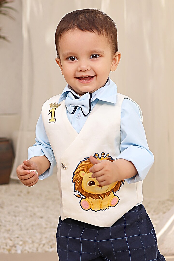 White Glace Cotton Embroidered Waistcoat Set For Boys by Fayon Kids at Pernia's Pop Up Shop
