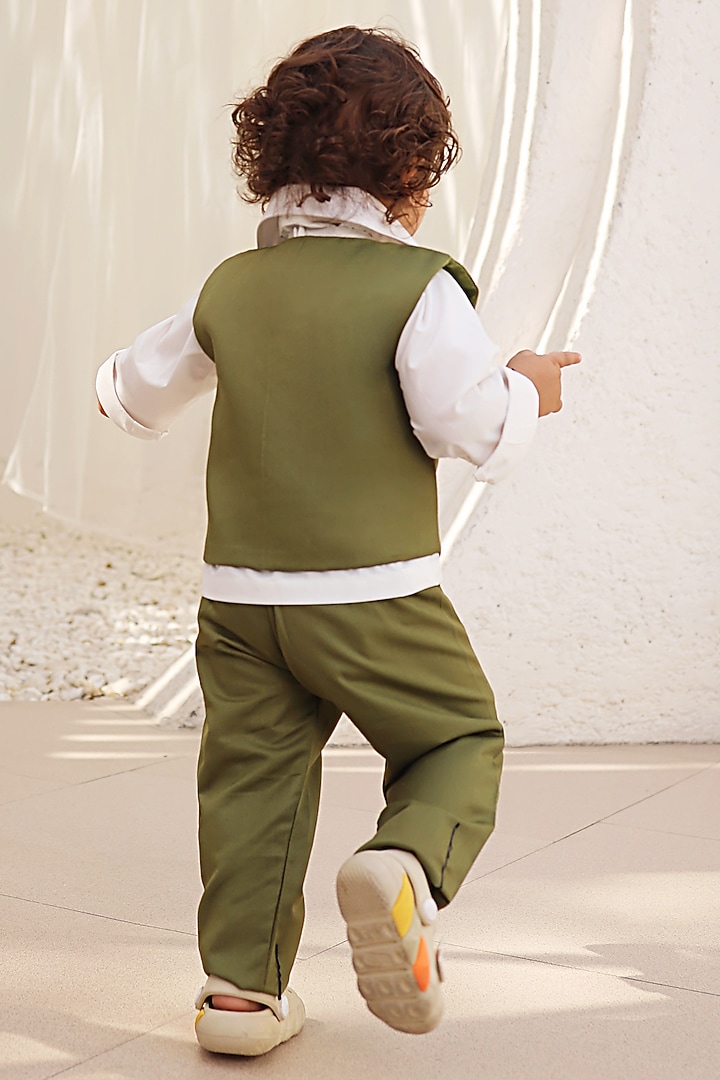Green Glace Cotton Embroidered Waistcoat Set For Boys by Fayon Kids at Pernia's Pop Up Shop