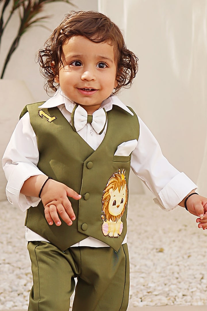 Green Glace Cotton Embroidered Waistcoat Set For Boys by Fayon Kids at Pernia's Pop Up Shop