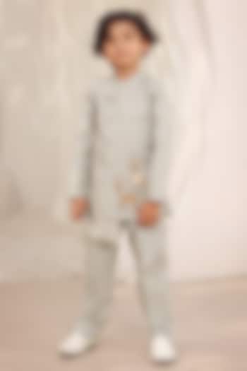 Green Suiting Fabric Embroidered Bandhgala Set For Boys by Fayon Kids at Pernia's Pop Up Shop