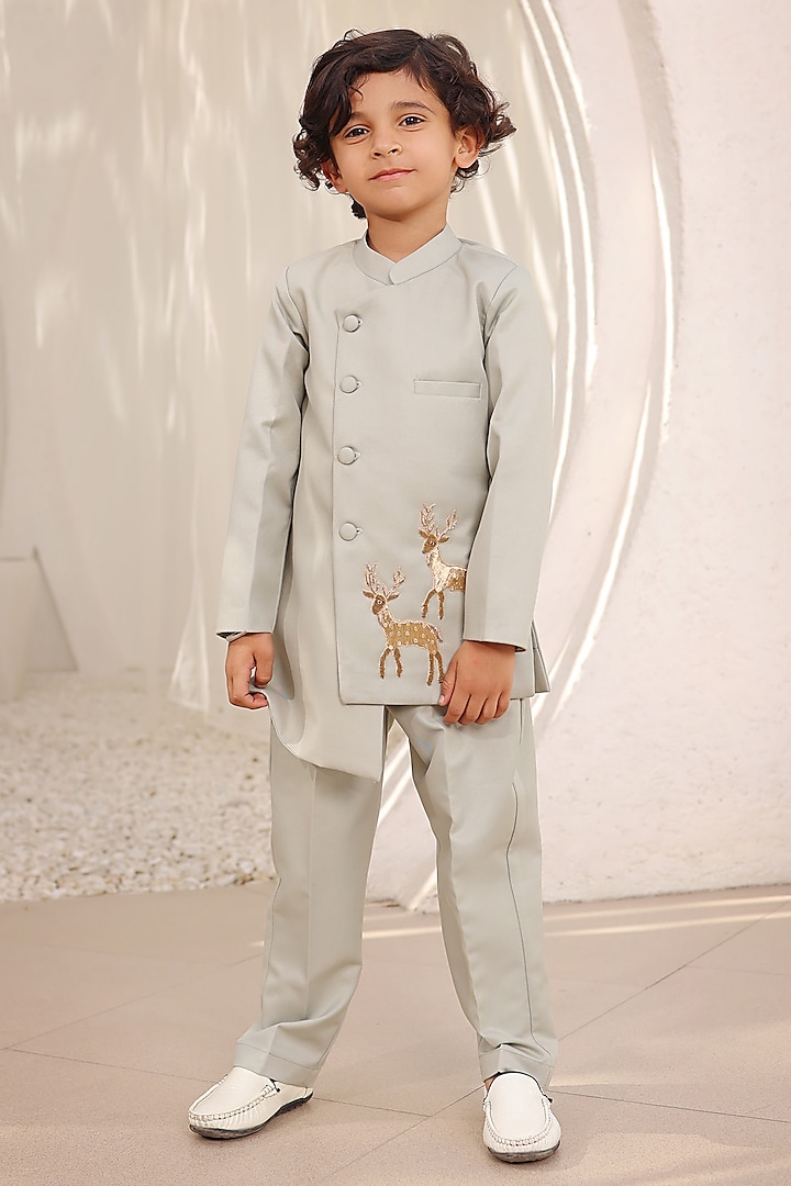 Green Suiting Fabric Embroidered Bandhgala Set For Boys by Fayon Kids at Pernia's Pop Up Shop