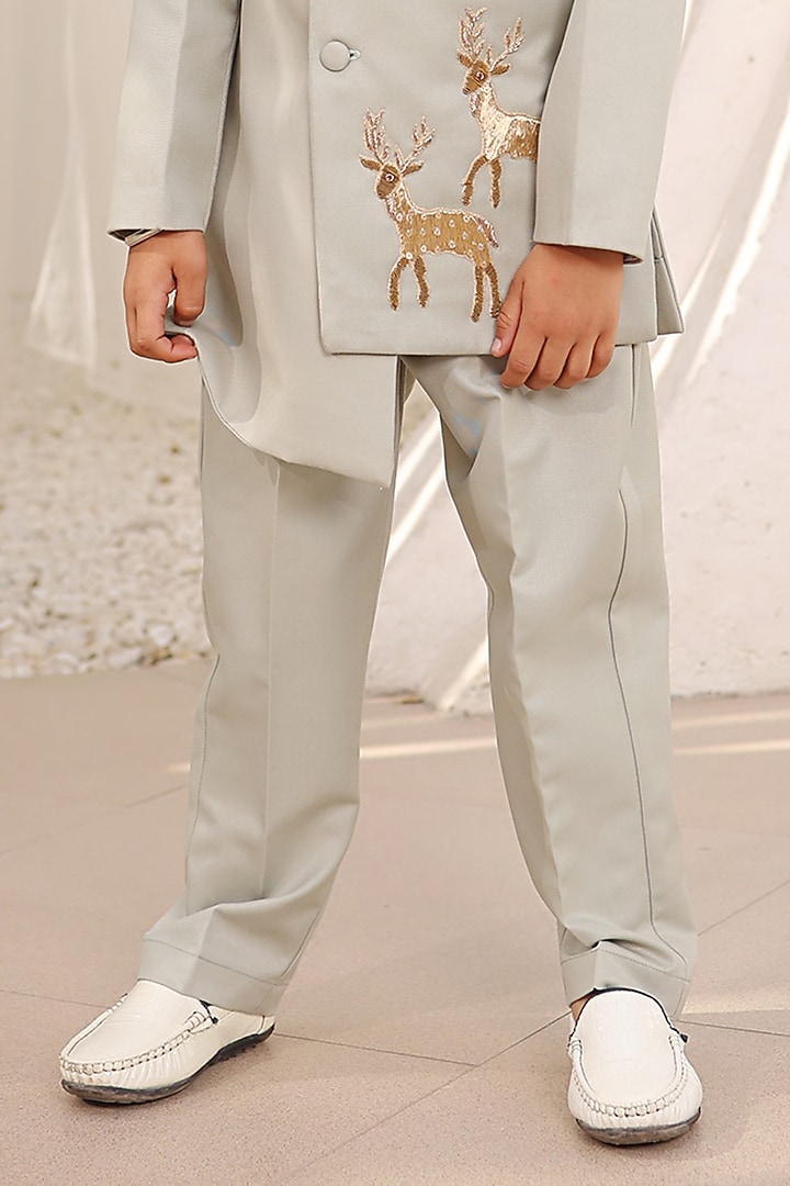 Green Suiting Fabric Embroidered Bandhgala Set For Boys by Fayon Kids at Pernia's Pop Up Shop
