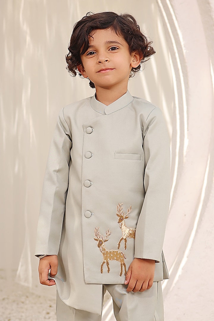 Green Suiting Fabric Embroidered Bandhgala Set For Boys by Fayon Kids at Pernia's Pop Up Shop