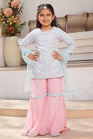Blue Georgette Mirror Embroidered Sharara Set For Girls by Fayon Kids