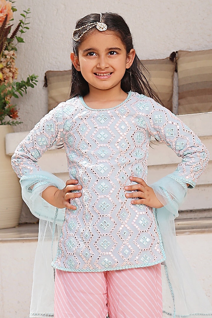 Blue Georgette Mirror Embroidered Sharara Set For Girls by Fayon Kids at Pernia's Pop Up Shop
