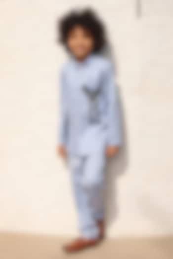 Blue Suiting Fabric Embroidered Bandhgala Set For Boys by Fayon Kids at Pernia's Pop Up Shop