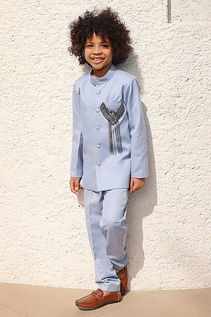 Blue Suiting Fabric Embroidered Bandhgala Set For Boys by Fayon Kids at Pernia's Pop Up Shop