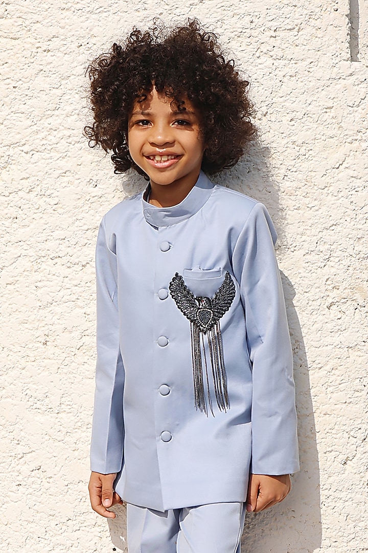 Blue Suiting Fabric Embroidered Bandhgala Set For Boys by Fayon Kids at Pernia's Pop Up Shop