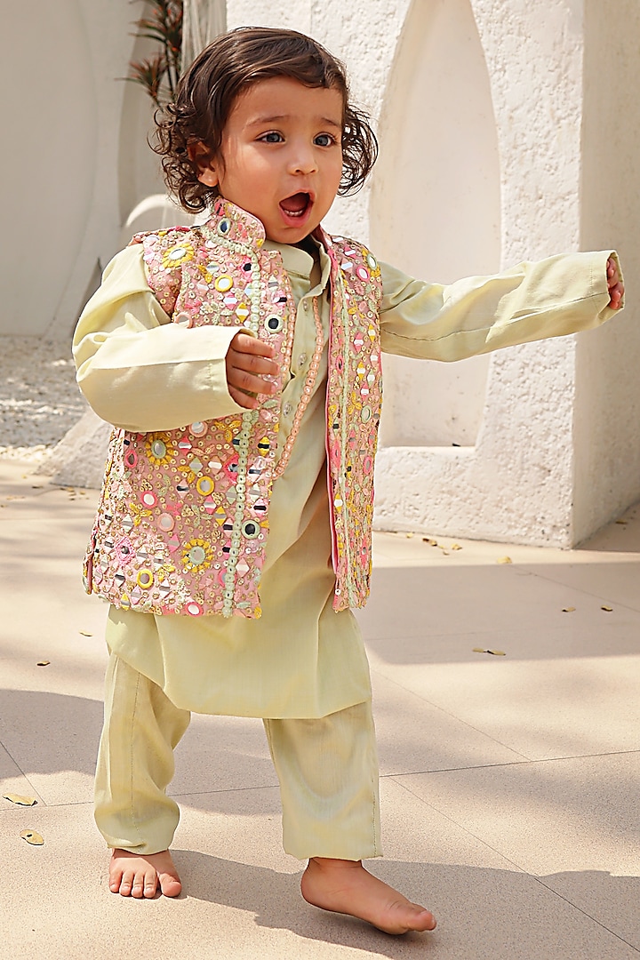 Peach Georgette Embroidered Nehru Jacket Set For Boys by Fayon Kids at Pernia's Pop Up Shop