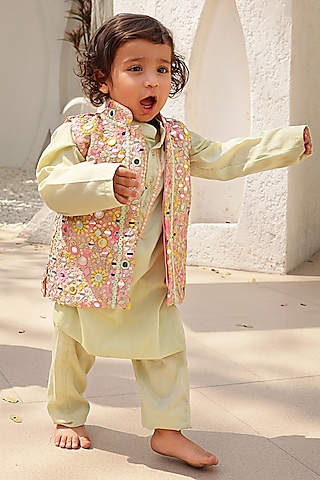 Peach Georgette Embroidered Nehru Jacket Set For Boys by Fayon Kids