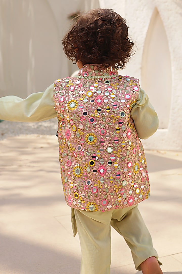 Peach Georgette Embroidered Nehru Jacket Set For Boys by Fayon Kids at Pernia's Pop Up Shop