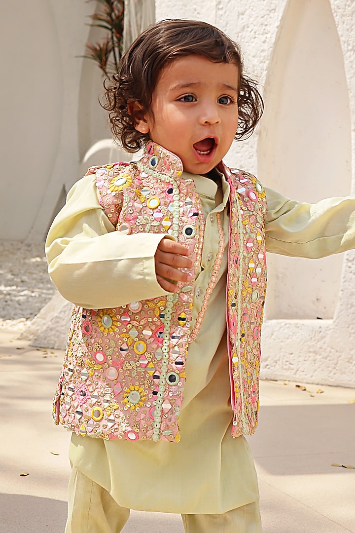 Peach Georgette Embroidered Nehru Jacket Set For Boys by Fayon Kids at Pernia's Pop Up Shop