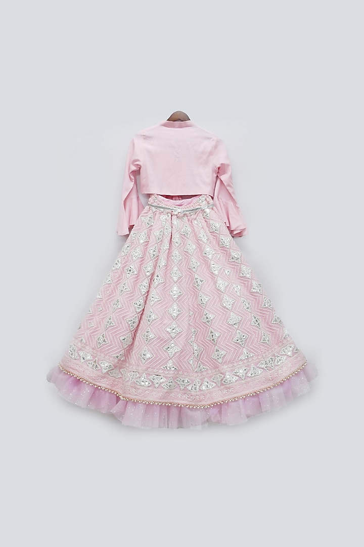 Pink Silk Embroidered Lehenga Set For Girls by Fayon Kids at Pernia's Pop Up Shop