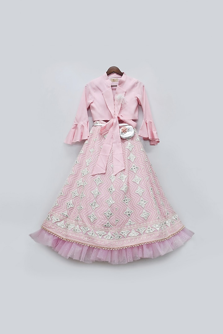 Pink Silk Embroidered Lehenga Set For Girls by Fayon Kids at Pernia's Pop Up Shop