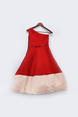 Red & Peach Georgette One-Shoulder Dress by Fayon Kids