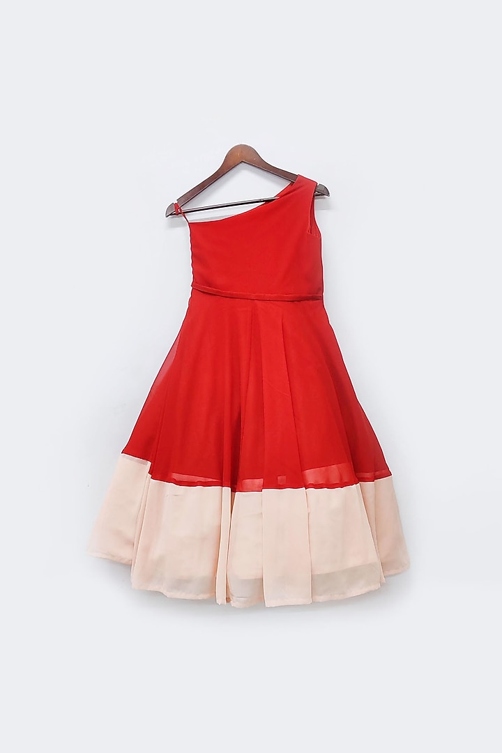 Red & Peach Georgette One-Shoulder Dress by Fayon Kids at Pernia's Pop Up Shop