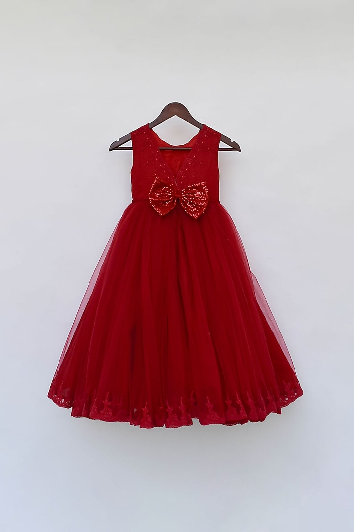 Red Net Embroidered Gown For Girls by Fayon Kids at Pernia's Pop Up Shop