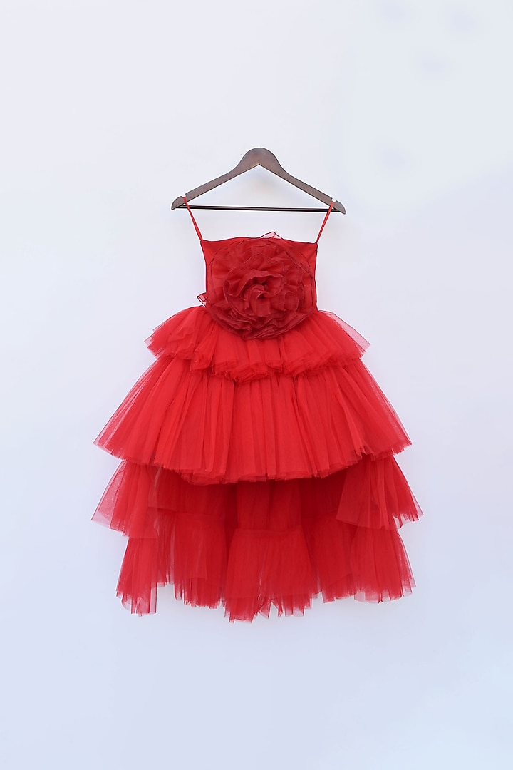 Red Net High-Low Frilled Gown For Girls by Fayon Kids at Pernia's Pop Up Shop
