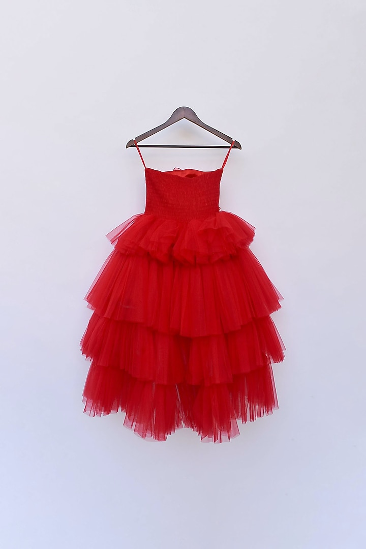 Red Net High-Low Frilled Gown For Girls by Fayon Kids at Pernia's Pop Up Shop