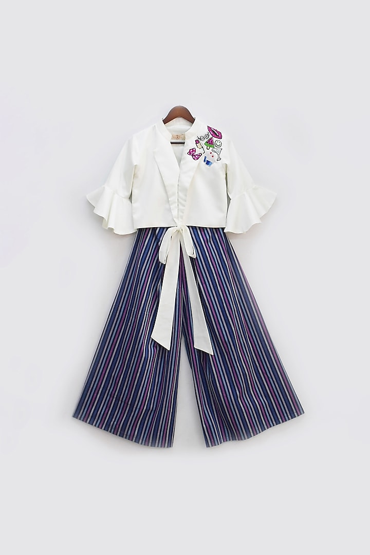 Blue Striped Pant Set For Girls by Fayon Kids
