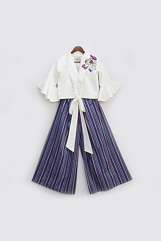 Blue Cotton Silk Striped Pant Set For Girls by Fayon Kids