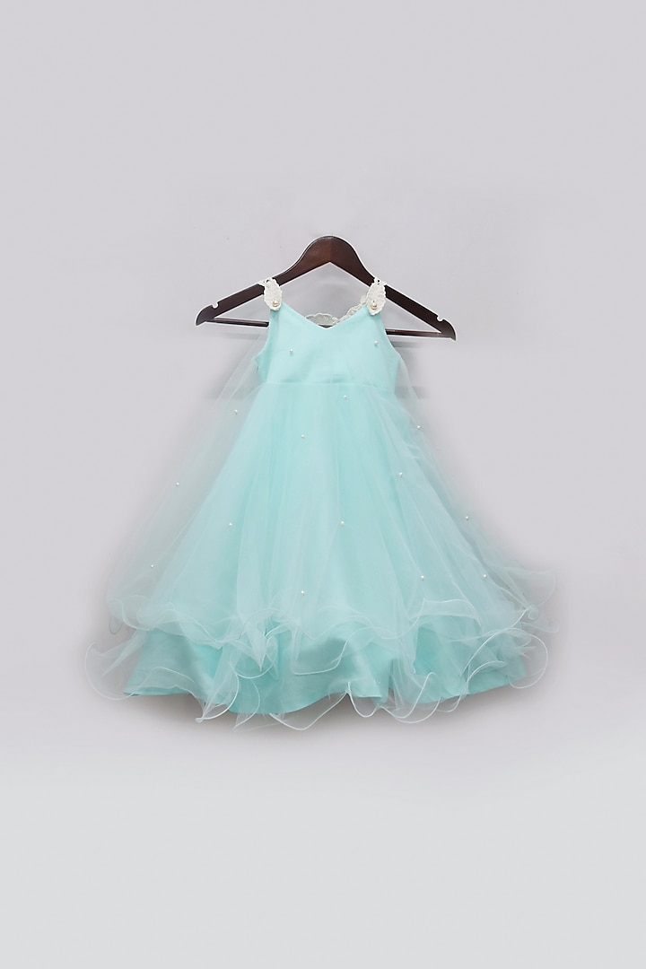 Blue Net Dress With Pearl Work For Girls by Fayon Kids