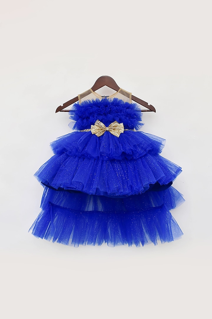 Blue High Low Gown With Sequined Bow For Girls by Fayon Kids