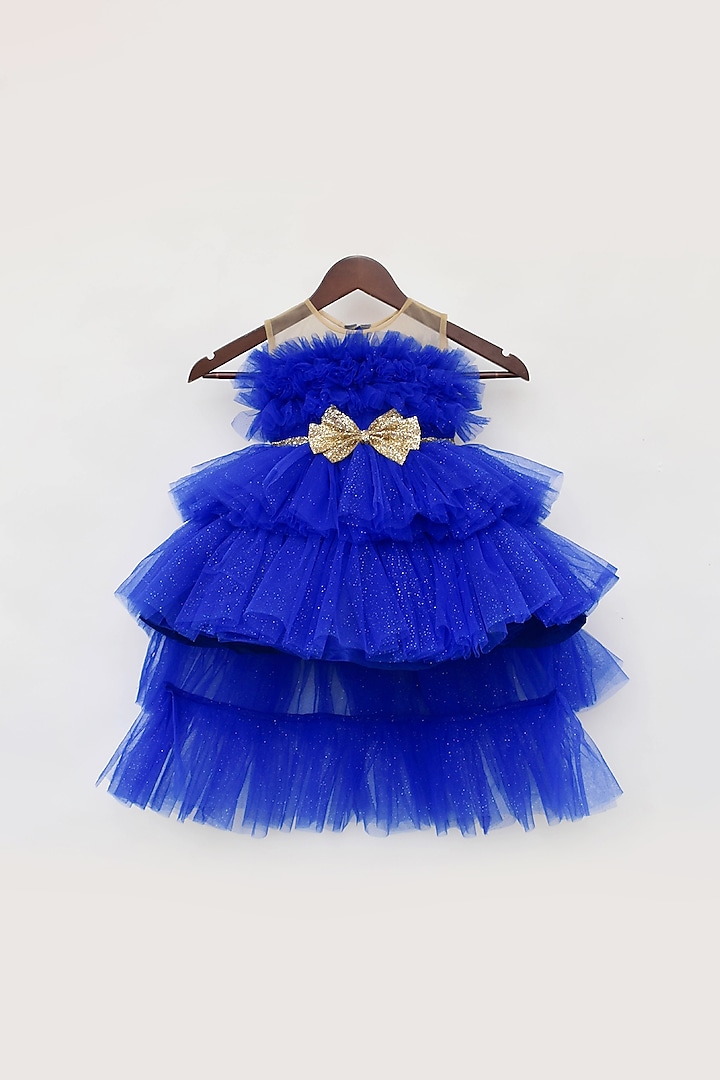 Blue High Low Gown With Sequined Bow For Girls by Fayon Kids at Pernia's Pop Up Shop