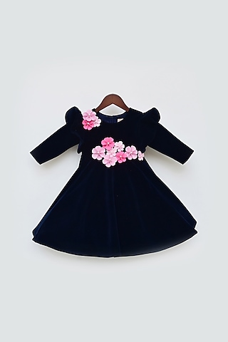 Dark Blue Velvet Floral Work Dress For Girls by Fayon Kids
