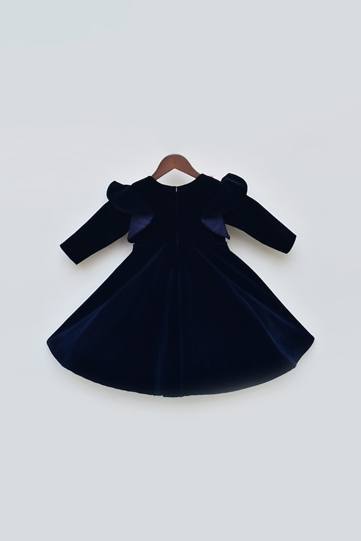 Dark Blue Velvet Floral Work Dress For Girls by Fayon Kids at Pernia's Pop Up Shop