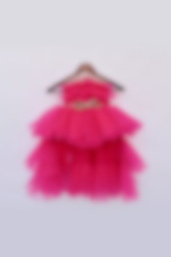 Dark Pink High Low Gown With Golden Bow For Girls by Fayon Kids