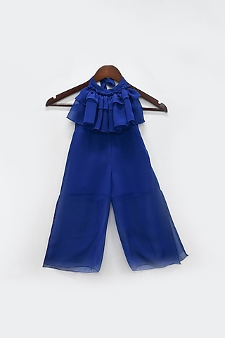 Blue Georgette Jumpsuit For Girls by Fayon Kids