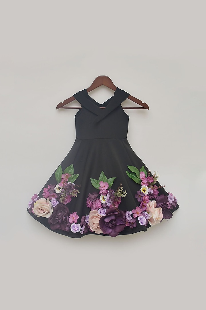 Black Neoprene Floral Work Dress For Girls by Fayon Kids at Pernia's Pop Up Shop