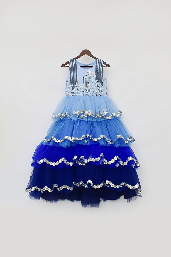 Blue Layered Gown With 3D Flowers For Girls by Fayon Kids