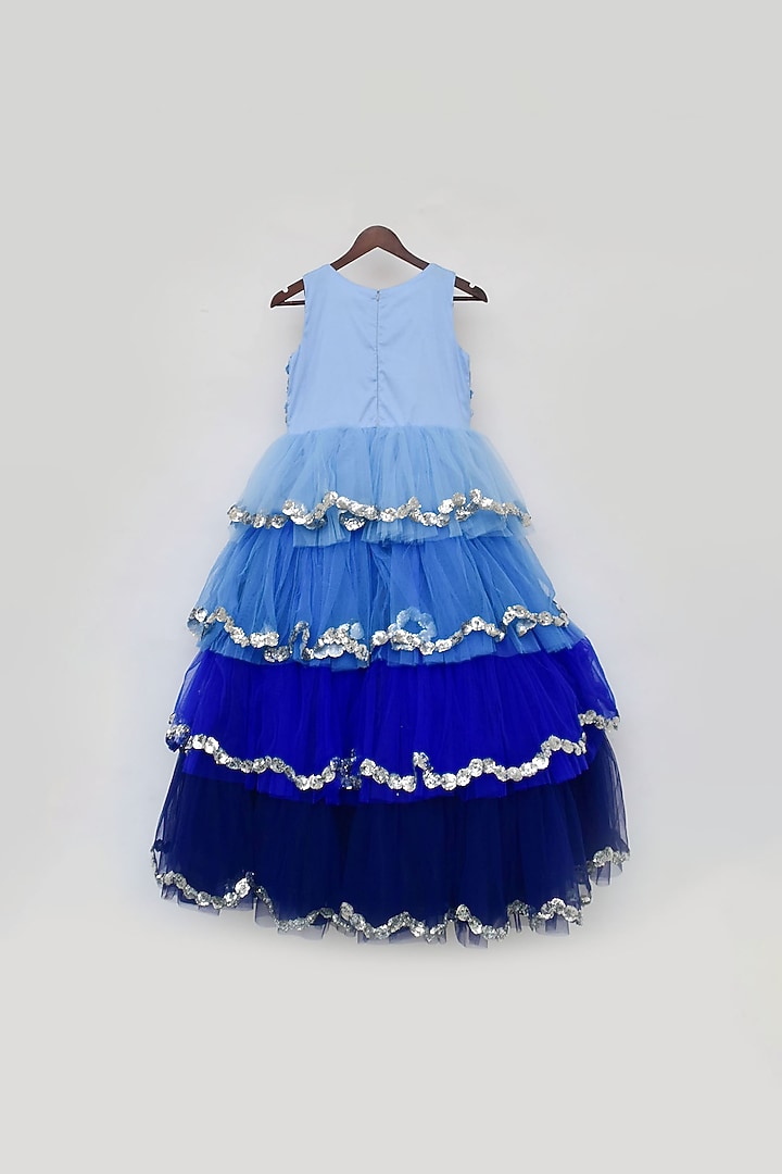 Blue Layered Gown With 3D Flowers For Girls by Fayon Kids at Pernia's Pop Up Shop