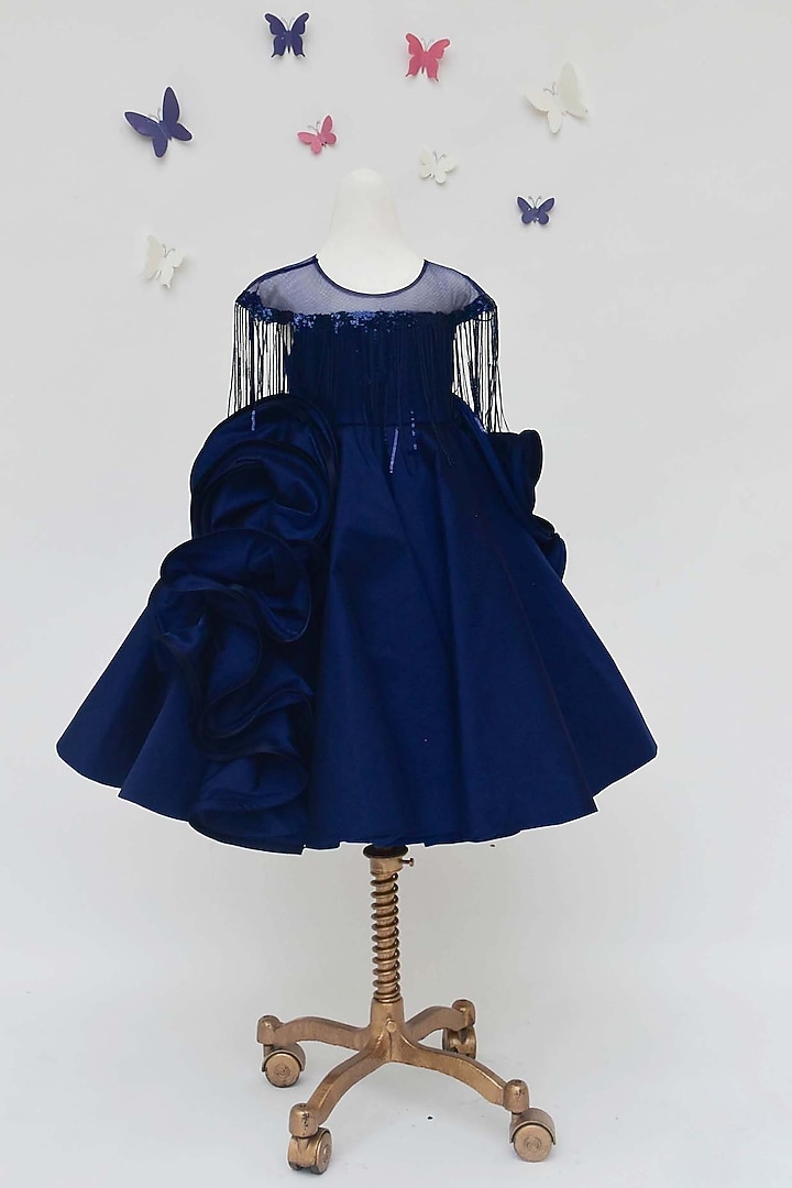 Dark Blue Floral Draped Gown For Girls by Fayon Kids at Pernia's Pop Up Shop