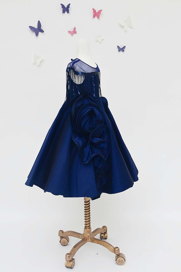 Dark Blue Floral Draped Gown For Girls by Fayon Kids at Pernia's Pop Up Shop