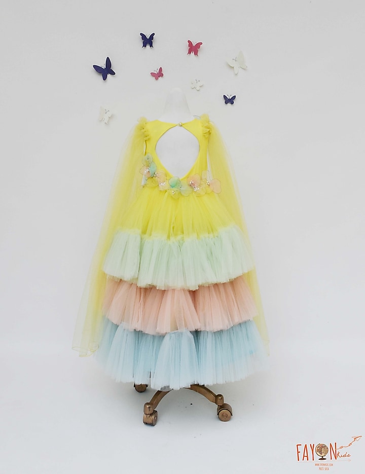 Multi-Colored Net Floral Work Layered Gown For Girls by Fayon Kids at Pernia's Pop Up Shop