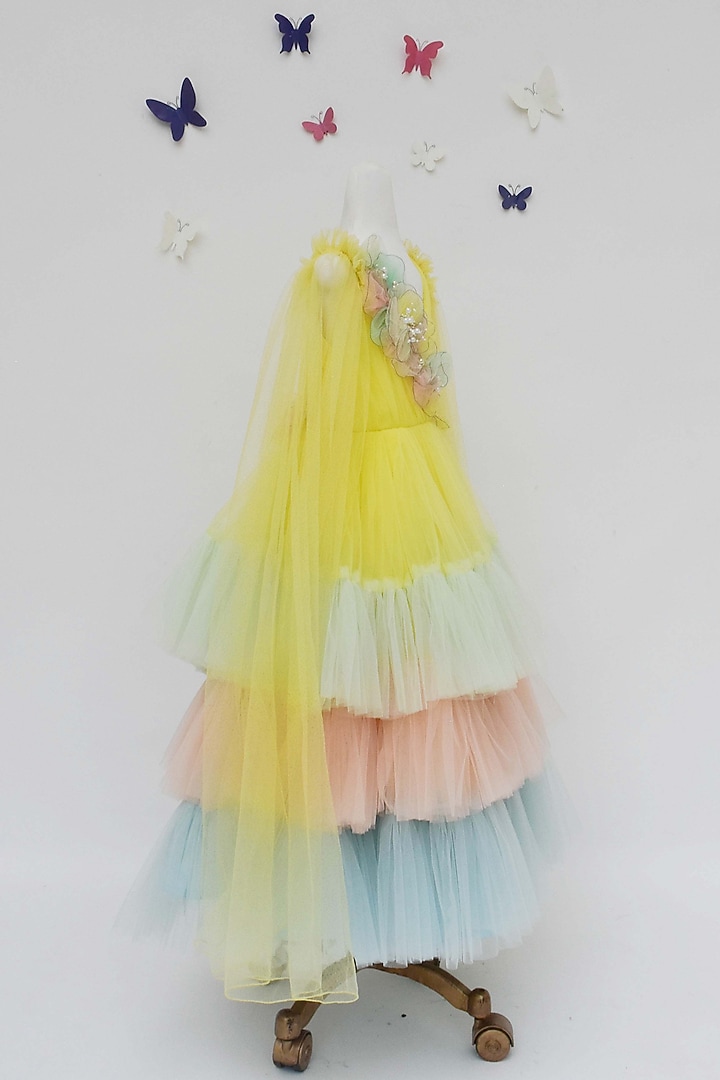 Multi-Colored Net Floral Work Layered Gown For Girls by Fayon Kids at Pernia's Pop Up Shop