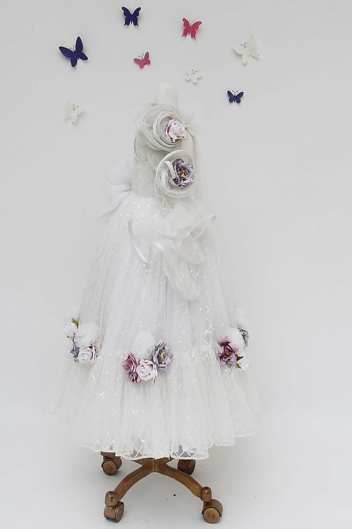 White Net Sequins Work Gown For Girls by Fayon Kids at Pernia's Pop Up Shop