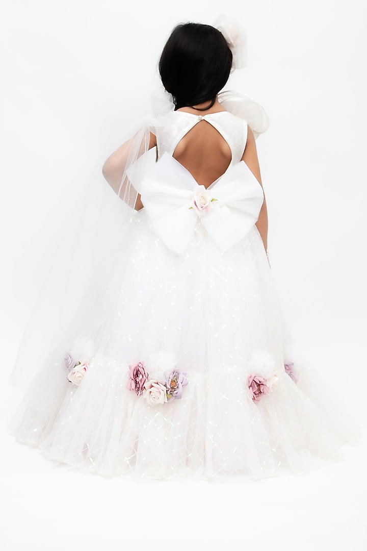 White Net Sequins Work Gown For Girls by Fayon Kids at Pernia's Pop Up Shop