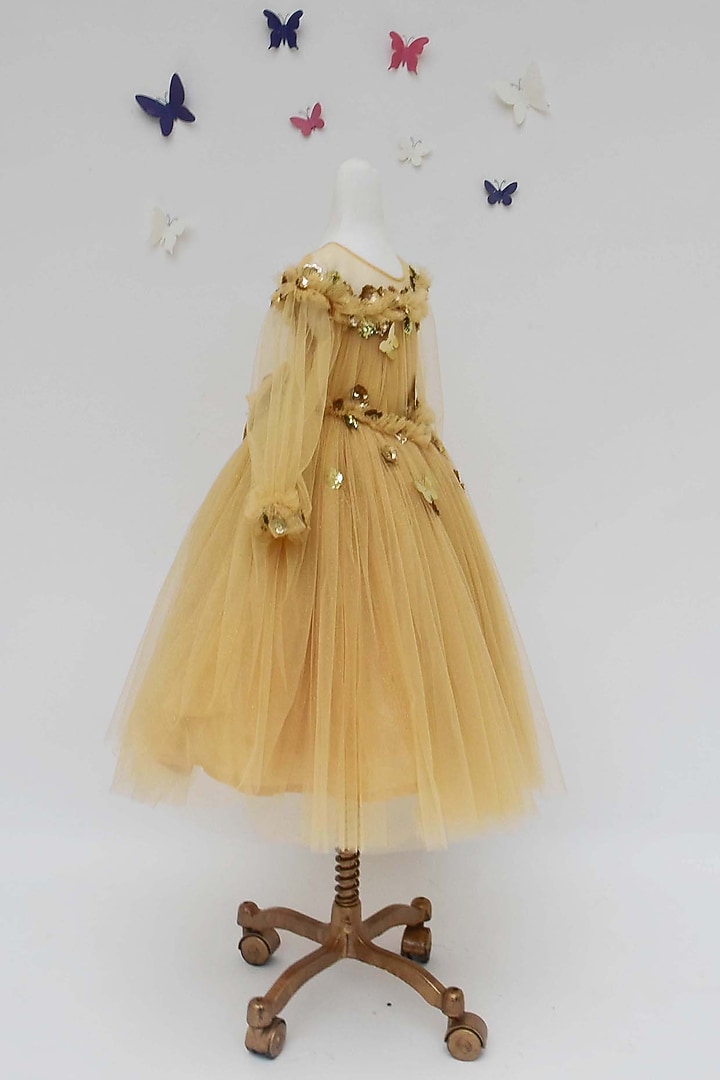 Gold Net Floral Work Gown For Girls by Fayon Kids at Pernia's Pop Up Shop