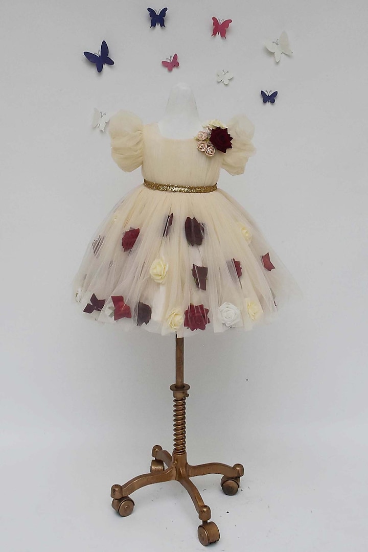 Cream Net Floral Work Dress For Girls by Fayon Kids at Pernia's Pop Up Shop