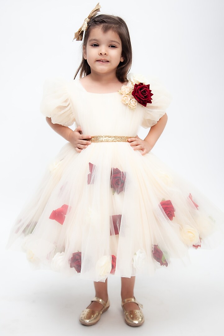 Cream Net Floral Work Dress For Girls by Fayon Kids at Pernia's Pop Up Shop