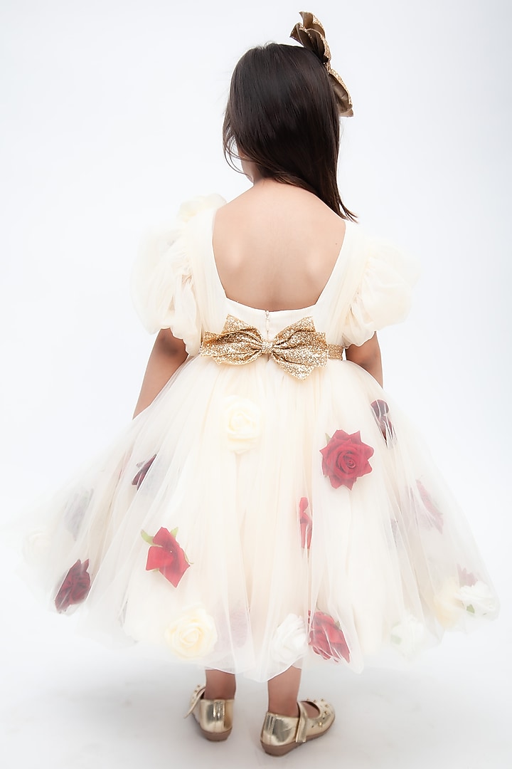 Cream Net Floral Work Dress For Girls by Fayon Kids at Pernia's Pop Up Shop