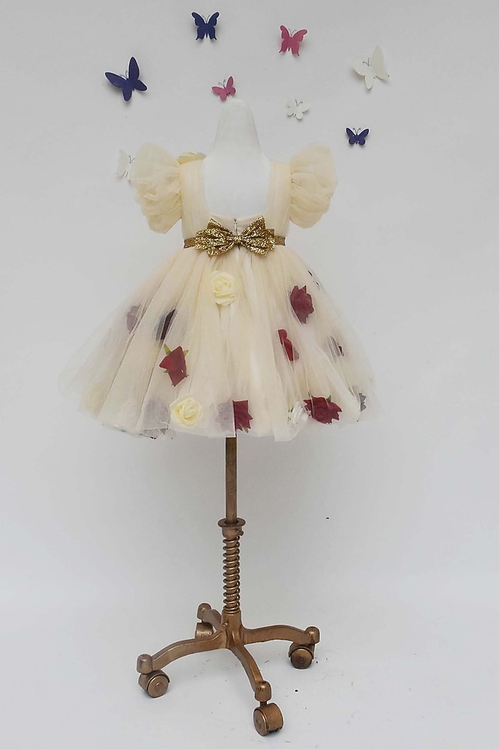 Cream Net Floral Work Dress For Girls by Fayon Kids at Pernia's Pop Up Shop