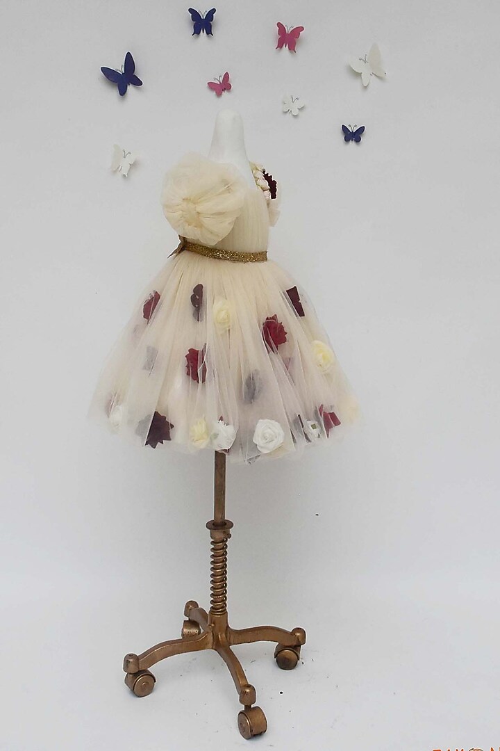 Cream Net Floral Work Dress For Girls by Fayon Kids at Pernia's Pop Up Shop