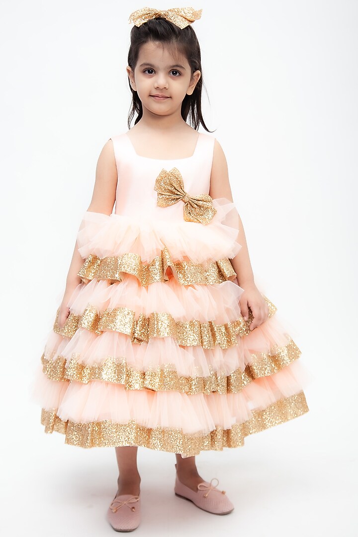 Peach Net Layered Dress For Girls by Fayon Kids at Pernia's Pop Up Shop